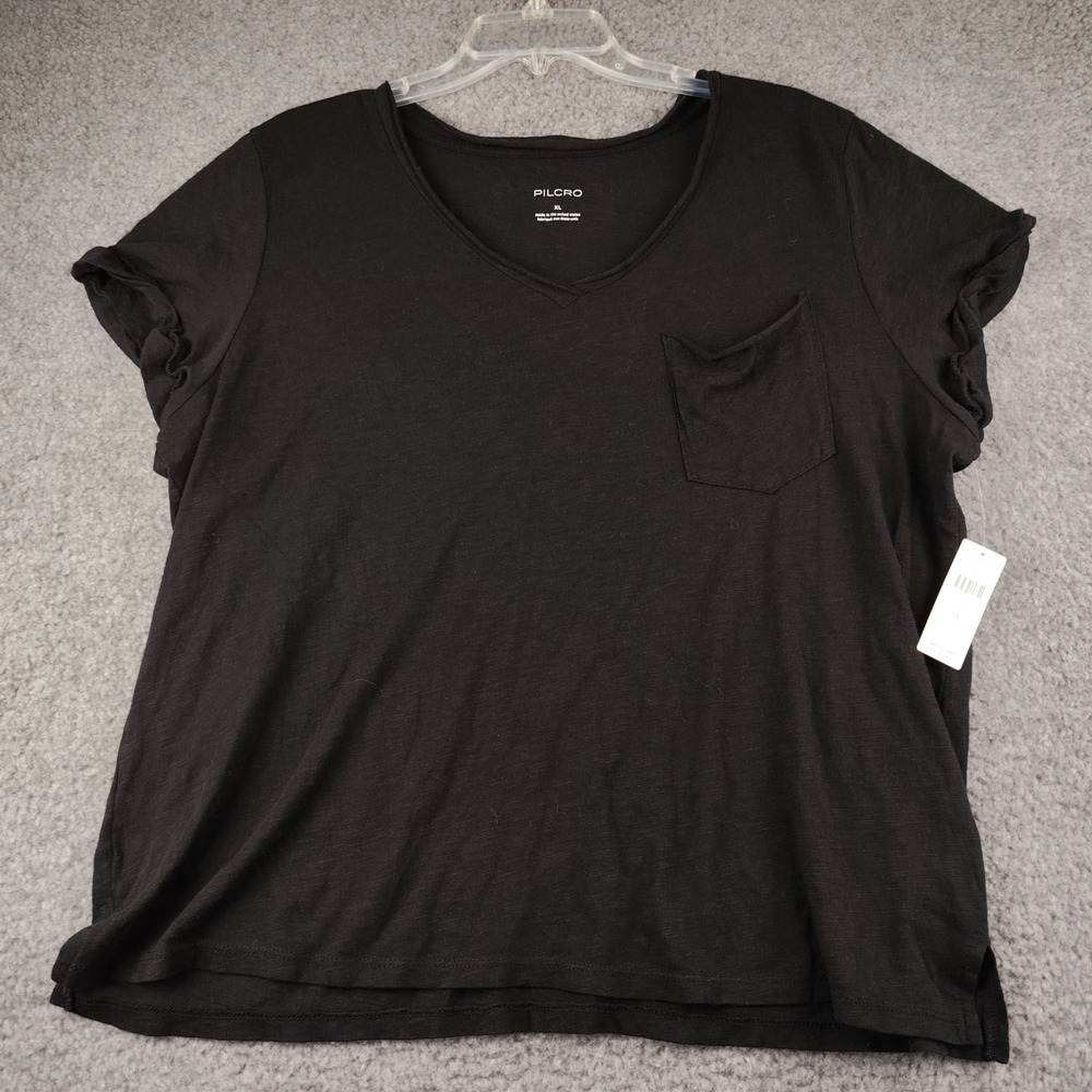 Pilcro T-Shirt Womens XL Black V-Neck Pocket Short Sleeve Anthropologie NWT